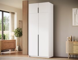 Kleiderschrank Bregma II mit Aufsatz, 100 cm – Weiß/schwarze Griffe