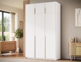 Kleiderschrank Bregma III mit Aufsatz, 150 cm – Weiß/goldfarbene Griffe