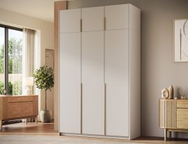 Kleiderschrank Bregma III mit Aufsatz, 150 cm – Kaschmir/goldfarbene Griffe