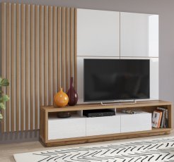 Wohnwand Celine – Eiche Wotan/Weiß Hochglanz – 24NALR10