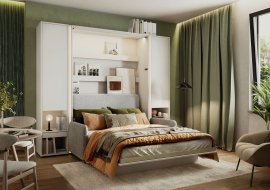 Komplett-Set: Schrankklappbett, beiges Kopfteil, beiger Zweisitzer, Schränke, LED-Beleuchtung, Matratze – Bed Concept 01, 140×200 cm, Weiß.