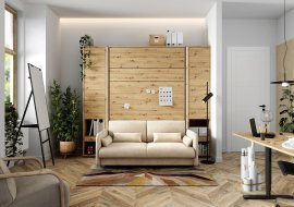 Komplett-Set: Schrankklappbett, beiges Kopfteil, beiger Zweisitzer, Schränke, LED-Beleuchtung, Matratze – Bed Concept 01, 140×200 cm, Artisan-Eiche.