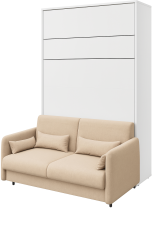 Komplett-Set: Schrankklappbett, beiges Kopfteil, beiges Schlafsofa, LED-Beleuchtung, Matratze – Lenart Bed Concept 12, 160×200 cm, Weiß.