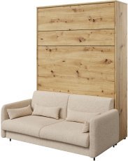 Komplett-Set: Schrankklappbett, beiges Kopfteil, beiges Schlafsofa, LED-Beleuchtung, Matratze – Lenart Bed Concept 12, 160×200 cm, Artisan-Eiche.