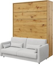 Komplett-Set: Schrankklappbett, graues Kopfteil, graues Schlafsofa, LED-Beleuchtung, Matratze – Lenart Bed Concept 12, 160×200 cm, Artisan-Eiche.
