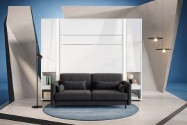 Komplett-Set: Schrankklappbett, graphitfarbenes Kopfteil, graphitfarbener Zweisitzer, Schränke, LED-Beleuchtung, Matratze – Bed Concept 01, 140×200 cm, Weiß.