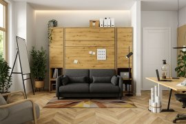 Komplett-Set: Schrankklappbett, graphitfarbenes Kopfteil, graphitfarbener Zweisitzer, Schränke, LED-Beleuchtung, Matratze – Bed Concept 01, 140×200 cm, Artisan-Eiche.