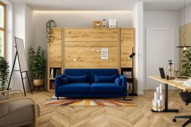 Komplett-Set: Schrankklappbett, blaues Kopfteil, blauer Zweisitzer, Schränke, LED-Beleuchtung, Matratze – Bed Concept 01, 140×200 cm, Artisan-Eiche.