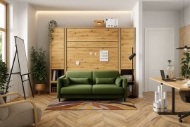 Komplett-Set: Schrankklappbett, grüner Zweisitzer, Schränke, LED-Beleuchtung, Matratze – Bed Concept 01, 140×200 cm, Artisan-Eiche.