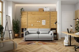 Komplett-Set: Schrankklappbett, graues Kopfteil, grauer Zweisitzer, Schränke, LED-Beleuchtung, Matratze – Bed Concept 01, 140×200 cm, Artisan-Eiche.