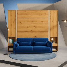Komplett-Set: Schrankklappbett, blaues Kopfteil, blauer Schlafsofa, Schränke, LED-Beleuchtung, Matratze – Bed Concept 13, 180×200 cm, Artisan-Eiche.