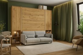 Komplett-Set: Schrankklappbett, graues Kopfteil, graues Schlafsofa, Schränke, LED-Beleuchtung, Matratze – Bed Concept 13, 180×200 cm, Artisan-Eiche.