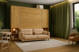 Komplett-Set: Schrankklappbett, beiges Kopfteil, beiges Schlafsofa, Schränke, LED-Beleuchtung, Matratze – Bed Concept 13, 180×200 cm, Artisan-Eiche.