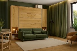 Komplett-Set: Schrankklappbett, grünes Kopfteil, grünes Schlafsofa, Schränke, LED-Beleuchtung, Matratze – Bed Concept 13, 180×200 cm, Artisan-Eiche.