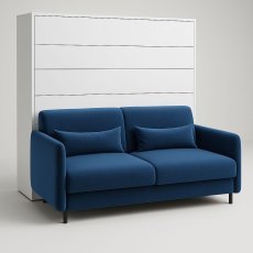 Komplett-Set: Schrankklappbett, blaues Kopfteil, blauer Schlafsofa, LED-Beleuchtung, Matratze – Bed Concept 13, 180×200 cm, Weiß.