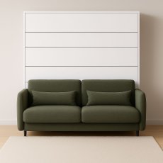 Komplett-Set: Schrankklappbett, grünes Kopfteil, grünes Schlafsofa, LED-Beleuchtung, Matratze – Bed Concept 13, 180×200 cm, Weiß.