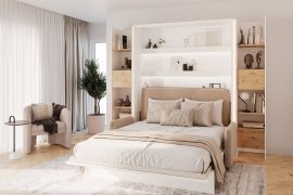 Set: Bett-im-Schrank, BC-17, BC-19 Dreisitzer, 3x LED, 2x BC-23 – Cashmir/Artisan, Matratze Lenart – Bed Concept BC-12 – 160x200 cm – Weiß/Beige