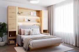 Set aus Bett im Schrank BC-12, Kopfteil BC-17, Sofa BC-19, 3x LED, 2x Schränke BC-07 - artisan, Matratze – 160x200 cm – Artisan/Beige