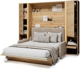 Set aus Bett im Schrank BC-12, Kopfteil BC-17, Sofa BC-19, 3x LED, 2x Schränke BC-07, Matratze – 160x200 cm – Artisan/Beige