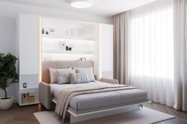 Komplettset: Bett im Schrank BC-12, Kopfteil BC-17, Sofa BC-19, 3x LED, Schränke 2x BC-07, Matratze – 160x200 cm – Weiß/Beige