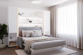 Komplettset: Bett im Schrank BC-12, Kopfteil BC-17, Sofa BC-19, 3x LED, Schränke 2x BC-07, Matratze – 160x200 cm – Weiß/Grau