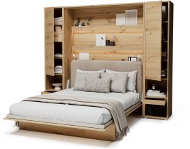 Komplettset: Bett im Schrank BC-12, Kopfteil BC-17, 1x LED, Schränke 2x BC-07, Matratze – 160x200 cm – Artisan/Beige