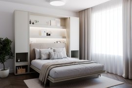 Set: Bett im Schrank BC-12, Kopfteil BC-17, 1x LED, Schränke 2x BC-07, Matratze – 160x200 cm – Kaschmir/Beige