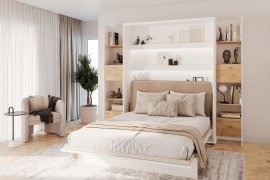 Set: Bett im Schrank BC-13, Kopfteil BC-33, 1x LED, Schränke 2x BC-23, Matratze – 180x200 cm – Weiß/Beige