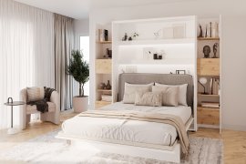 Komplettset Klappbett BC-01 mit Kopfteil BC-16, 1x LED-Beleuchtung, 2x Schränke BC-23, Matratze – 140x200 cm – Weiß/Grau
