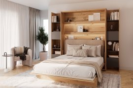 Set: Bett im Schrank BC-13, Kopfteil BC-33, 1x LED, Schränke 2x BC-23, Matratze – 180x200 cm – Artisan/Beige