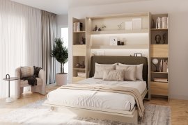 Set: Bett-im-Schrank BC-12, Kopfteil BC-17, 1x LED, Schränke 2x BC-23 – Kaschmir/Eiche Lugano, Matratze – 160x200 cm – Kaschmir/Grün