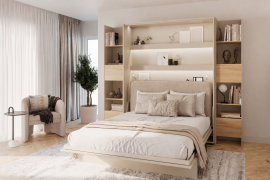 Set: Bett-im-Schrank BC-12, Kopfteil BC-17, 1x LED, Schränke 2x BC-23 – Kaschmir/Eiche Lugano, Matratze – 160x200 cm – Kaschmir/Beige
