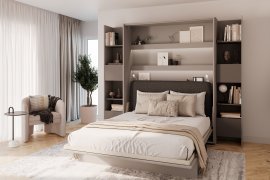 Set: Bett im Schrank BC-13, Kopfteil BC-33, 1x LED, Schränke 2x BC-23 – grau/grafit, Matratze – 180x200 cm – grau/grafit