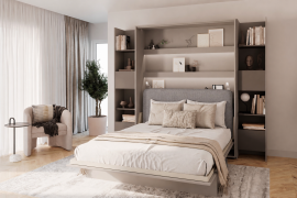 Set: Bett im Schrank BC-12, Kopfteil BC-17, 1x LED, Schränke 2x BC-23 – grau/grafit, Matratze – 160x200 cm – grau