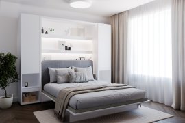Set: Bett im Schrank BC-13, Kopfteil BC-33, 1x LED, Schränke 2x BC-07 – weiß, Matratze – 180x200 cm – weiß/grau
