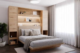 Set bestehend aus Bett im Schrank BC-13, Kopfteil BC-33, 1x LED, Schränken 2x BC-07 – Artisan-Eiche, Matratze – 180x200 cm – Artisan-Eiche/Beige