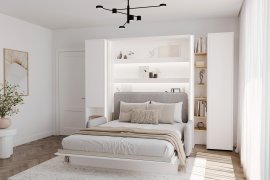 Set bestehend aus Bett im Schrank BC-13, Kopfteil BC-33, Sofa BC-35, 3x LED, Schränken BC-07, BC-21, BC-24 – weiß, Matratze – 180x200 cm – weiß/grau.