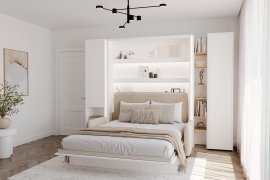 Set: Bett im Schrank BC-13, Kopfteil BC-33, Sofa BC-35, 3x LED, Schränke BC-07, BC-21, BC-24 – weiß, Matratze – 180x200 cm – weiß/beige