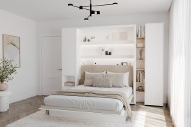 Set: Bett im Schrank BC-13, Kopfteil BC-33, 1xLED, Schränke BC-07, BC-21, BC-24 – weiß, Matratze – 180x200 cm – weiß/beige