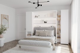 Set: Bett im Schrank BC-13, Kopfteil BC-33, 1x LED, Schränke BC-07, BC-21, BC-24 – weiß, Matratze – 180x200 cm – weiß/grau