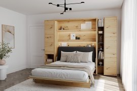 Set: Bett im Schrank BC-13, Kopfteil BC-33, 1x LED, Schränke BC-07, BC-21, BC-24 – Artisan, Matratze – 180x200 cm – Eichenholz Artisan/Grafit