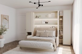 Komplettset: Bett im Schrank BC-13, Kopfteil BC-33, Sofa BC-35, 3x LED, Schränke BC-07, BC-21, BC-24 – Kaschmir, Matratze – 180x200 cm – Kaschmir/Beige