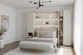 Set: Bett im Schrank BC-13, Kopfteil BC-33, 1x LED, Schränke BC-07, BC-21, BC-24 – Kaschmir, Matratze – 180x200 cm – Kaschmir/Beige