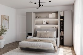 Set: Schrankbett BC-13, Kopfteil BC-33, Sofa BC-35, 3x LED, Schränke BC-07, BC-21, BC-24 – grau, Matratze – 180x200 cm – grau