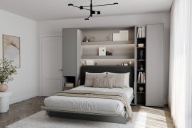 Set: Bett im Schrank BC-12, Kopfteil BC-17, 1x LED, Schränke BC-07, BC-21, BC-24 – grau, Matratze – 160x200 cm – grau/grafit
