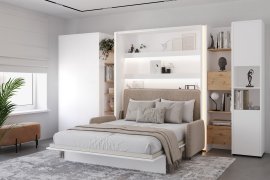Set bestehend aus Bett-im-Schrank BC-13, Kopfteil BC-33, Sofa BC-35, 3xLED, Schränken BC-20, BC-24, BC-23, BC-08 – weiß, Matratze – 180x200 cm – weiß/beige