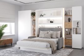 Set: Bett im Schrank BC-13, Kopfteil BC-33, Sofa BC-35, 3x LED, Schränke BC-20, BC-24, BC-23, BC-08 – weiß, Matratze – 180x200 cm – weiß/grau