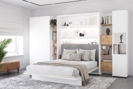 Komplettset Bett im Schrank BC-13, Kopfteil BC-33, 1x LED, Schränke BC-20, BC-24, BC-23, BC-08 – weiß, Matratze – 180x200 cm – weiß/grau