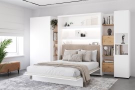Set: Bett im Schrank BC-13, Kopfteil BC-33, 1x LED, Schränke BC-20, BC-24, BC-23, BC-08 – weiß, Matratze – 180x200 cm – weiß/beige