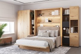 Set: Schrankbett BC-13 mit Kopfteil BC-33, Sofa BC-35, 3x LED, Schränke BC-20, BC-24, BC-23, BC-08 – Artisan, Matratze – 180x200 cm – Artisan Eiche/Beige